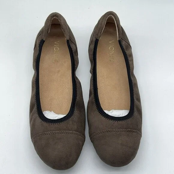Vionic Orthotic Suede Ballet Flats Natalia Dark Taupe Black Trim Support Sz 9 - Picture 8 of 9